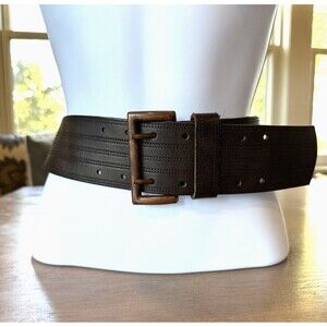 Belt Wide Leather Brown Stitching Details Curved 2 prong Brass Buckle 2.25" Vtg